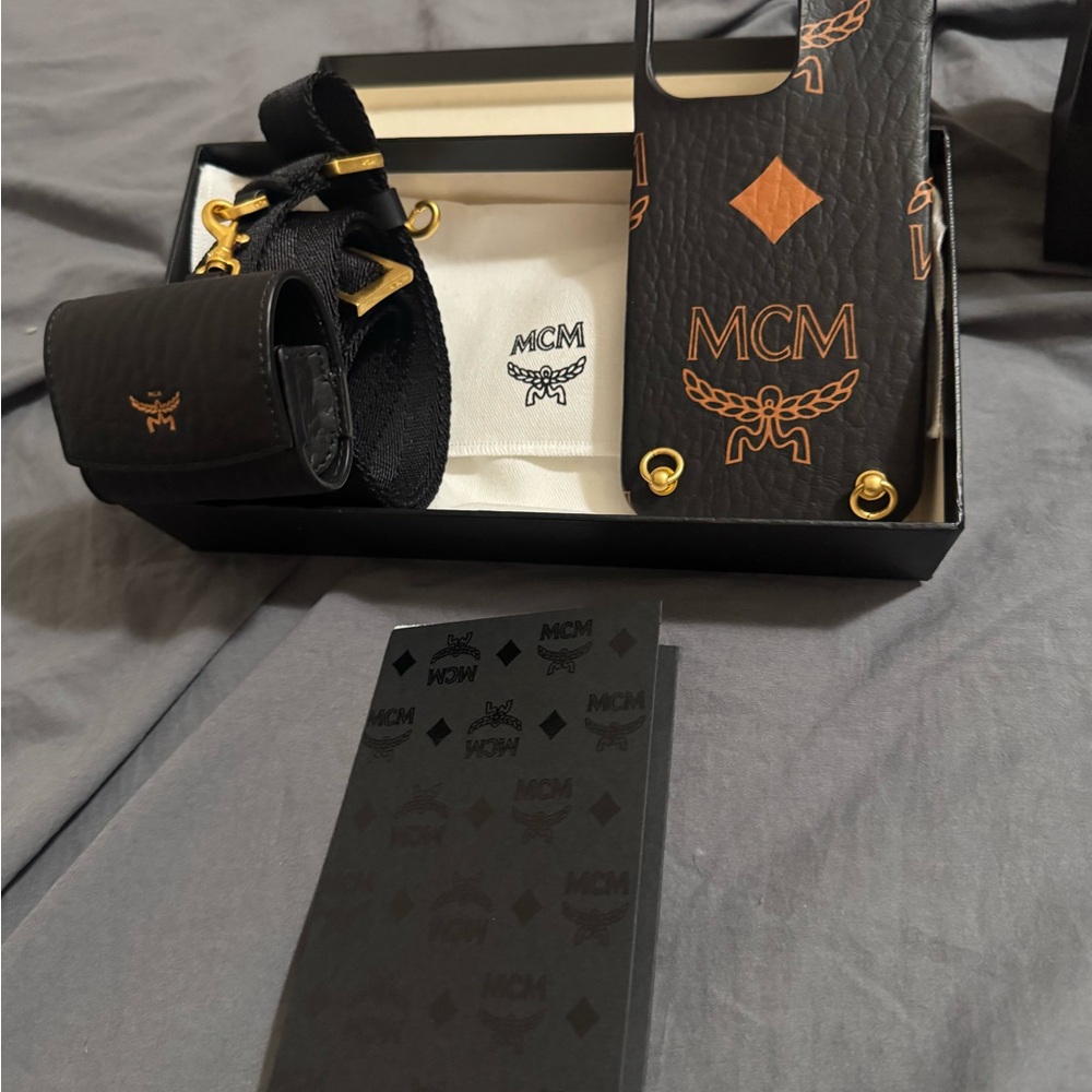 MCM Black and Gold Phone Case with Strap